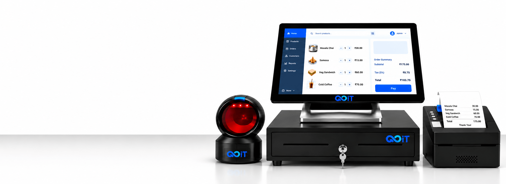 Qbit POS terminal, barcode scanner, cash drawer and receipt printer
